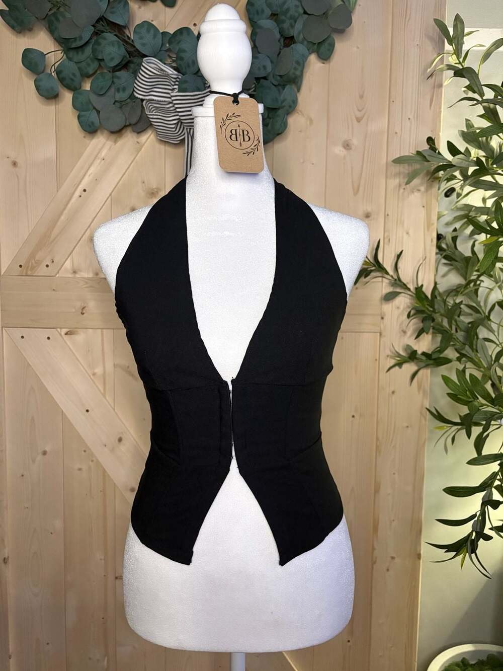 SMALL Black Sleeveless Halter Neck hook and eye Vest Top